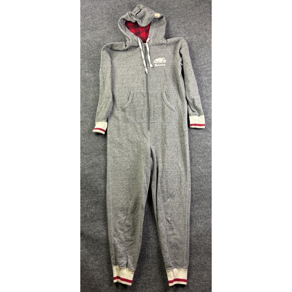 Roots Cabin Onesie Jumpsuit Adult Small Gray Salt & Pepper Fleece Hooded Pajamas